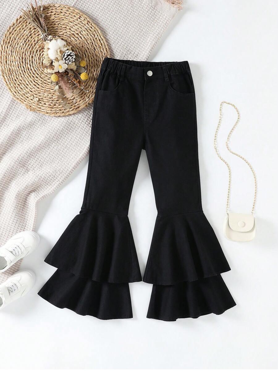 女大童二層下擺牛仔喇叭褲 - 黑色 - 查看 1