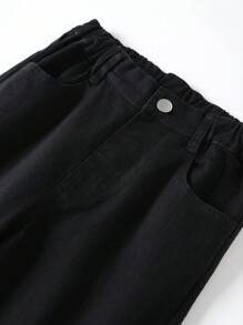 女大童二層下擺牛仔喇叭褲 - 黑色 - 查看 4
