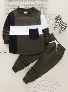 SHEIN 2 cái/bộ trang phục dài tay bỏ túi màu sắc giản dị dành cho bé trai dành cho mùa thu (Trẻ trung bình và lớn) - Nhiều màu - Xem 1