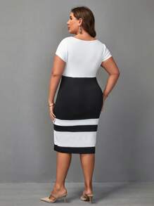 SHEIN Clasi Plus Two Tone Bodycon Dress - Black and White - View 2