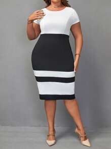 SHEIN Clasi Plus Two Tone Bodycon Dress - Black and White - View 5