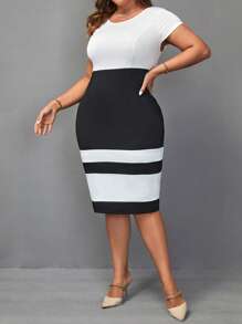 SHEIN Clasi Plus Two Tone Bodycon Dress - Black and White - View 6