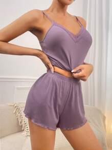 SHEIN 蕾絲邊吊帶背心和短褲睡衣套裝 - 紫色 - 查看 4