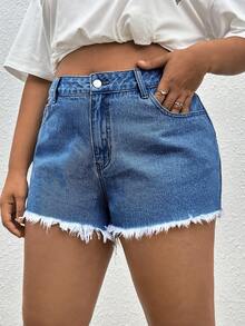 SHEIN Plus Raw Hem Denim Shorts, Mom Shorts - Medium Wash - View 4