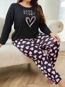 Plus Heart & Slogan Graphic PJ Set / Pajama Set, Fall Winter Clothes, Cozy Outfit - Black - View 1