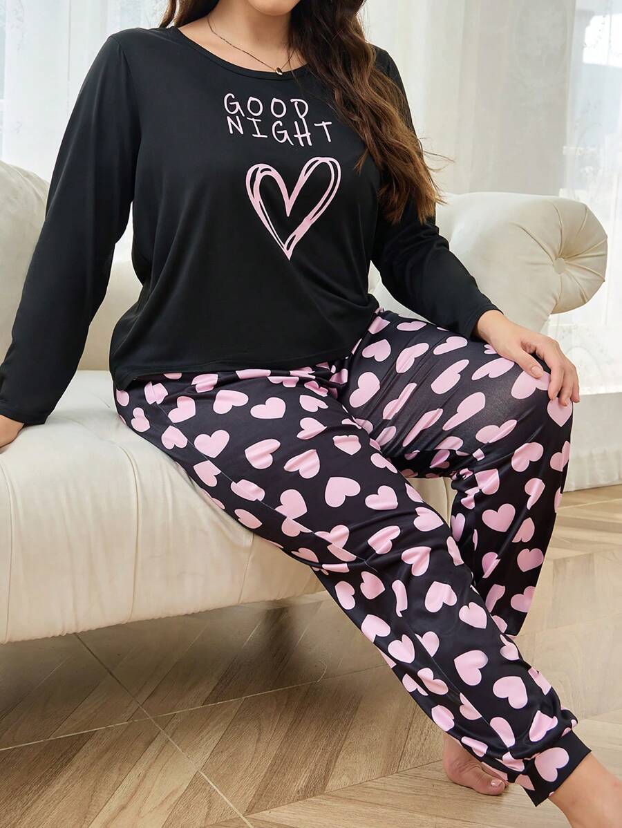Plus Heart & Slogan Graphic PJ Set / Pajama Set, Fall Winter Clothes, Cozy Outfit - Black - View 1