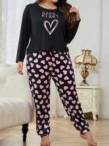 Plus Heart & Slogan Graphic PJ Set / Pajama Set, Fall Winter Clothes, Cozy Outfit - Black - View 5