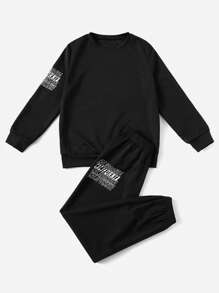 SHEIN 男大童1入組字母圖案套頭衫&1入組衛褲 - 黑色 - 查看 1