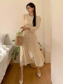 DAZY Váy chữ A viền bèo nhún trơn, Váy thu - Màu vàng - Xem 4