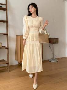 DAZY Váy chữ A viền bèo nhún trơn, Váy thu - Màu vàng - Xem 3