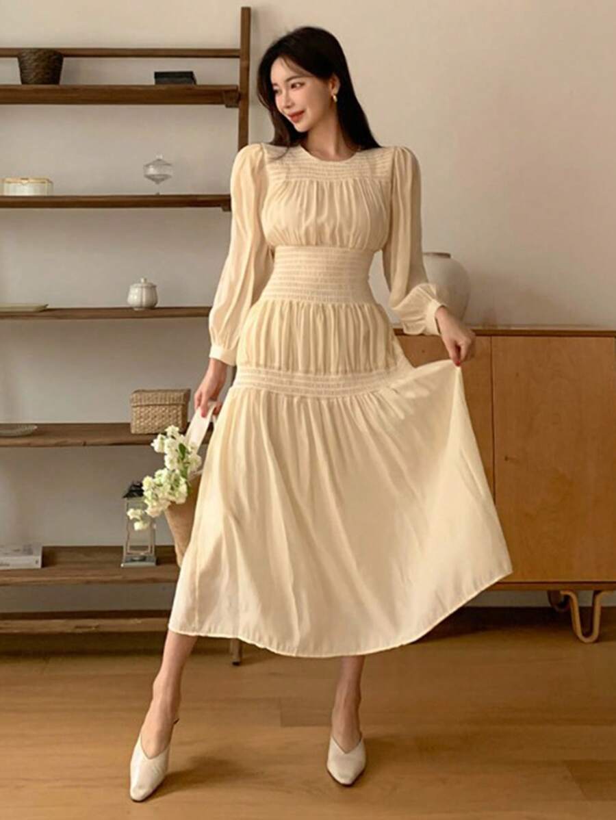 DAZY Váy chữ A viền bèo nhún trơn, Váy thu - Màu vàng - Xem 1