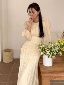 DAZY Váy chữ A viền bèo nhún trơn, Váy thu - Màu vàng - Xem 6