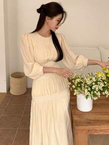 DAZY Váy chữ A viền bèo nhún trơn, Váy thu - Màu vàng - Xem 7