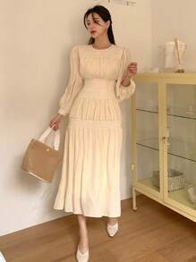 DAZY Váy chữ A viền bèo nhún trơn, Váy thu - Màu vàng - Xem 8