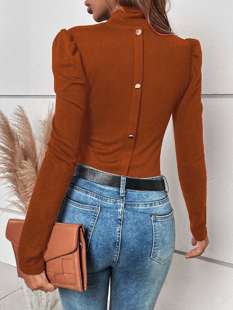 SHEIN Clasi Mock Neck Button Back Tee - Brown - View 1