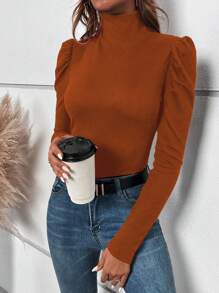 SHEIN Clasi Mock Neck Button Back Tee - Brown - View 2