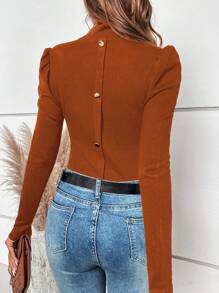 SHEIN Clasi Mock Neck Button Back Tee - Brown - View 3