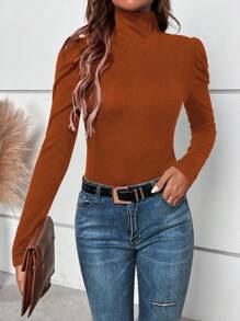 SHEIN Clasi Mock Neck Button Back Tee - Brown - View 4