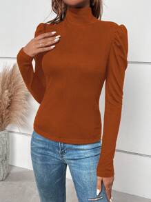 SHEIN Clasi Mock Neck Button Back Tee - Brown - View 5