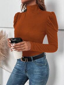 SHEIN Clasi Mock Neck Button Back Tee - Brown - View 6