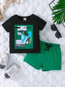 男嬰椰子樹和字母圖案T恤&前繫帶短褲 - 彩色 - 查看 1