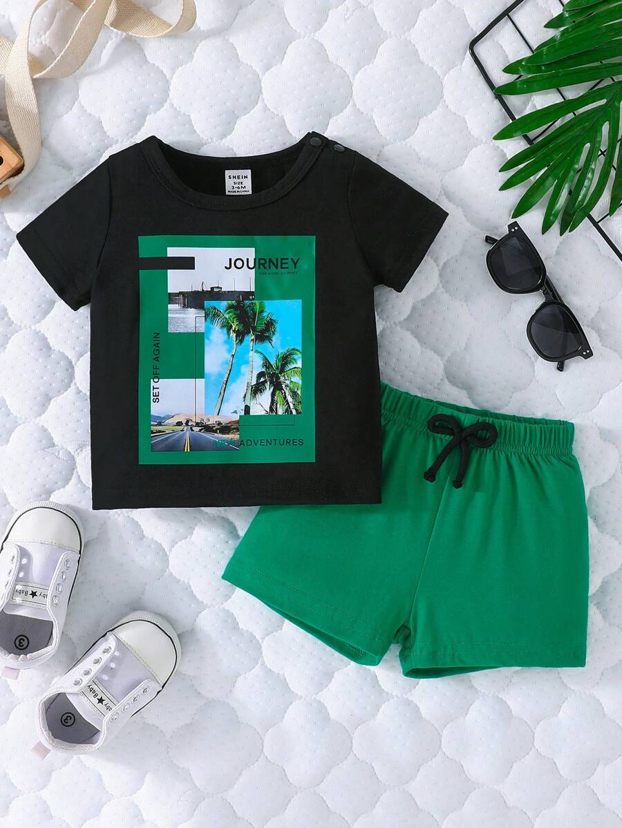 男嬰椰子樹和字母圖案T恤&前繫帶短褲 - 彩色 - 查看 1