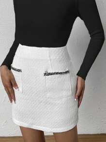 SHEIN VCAY Viền tương phản Túi Kép Tweed Váy - trắng - Xem 6