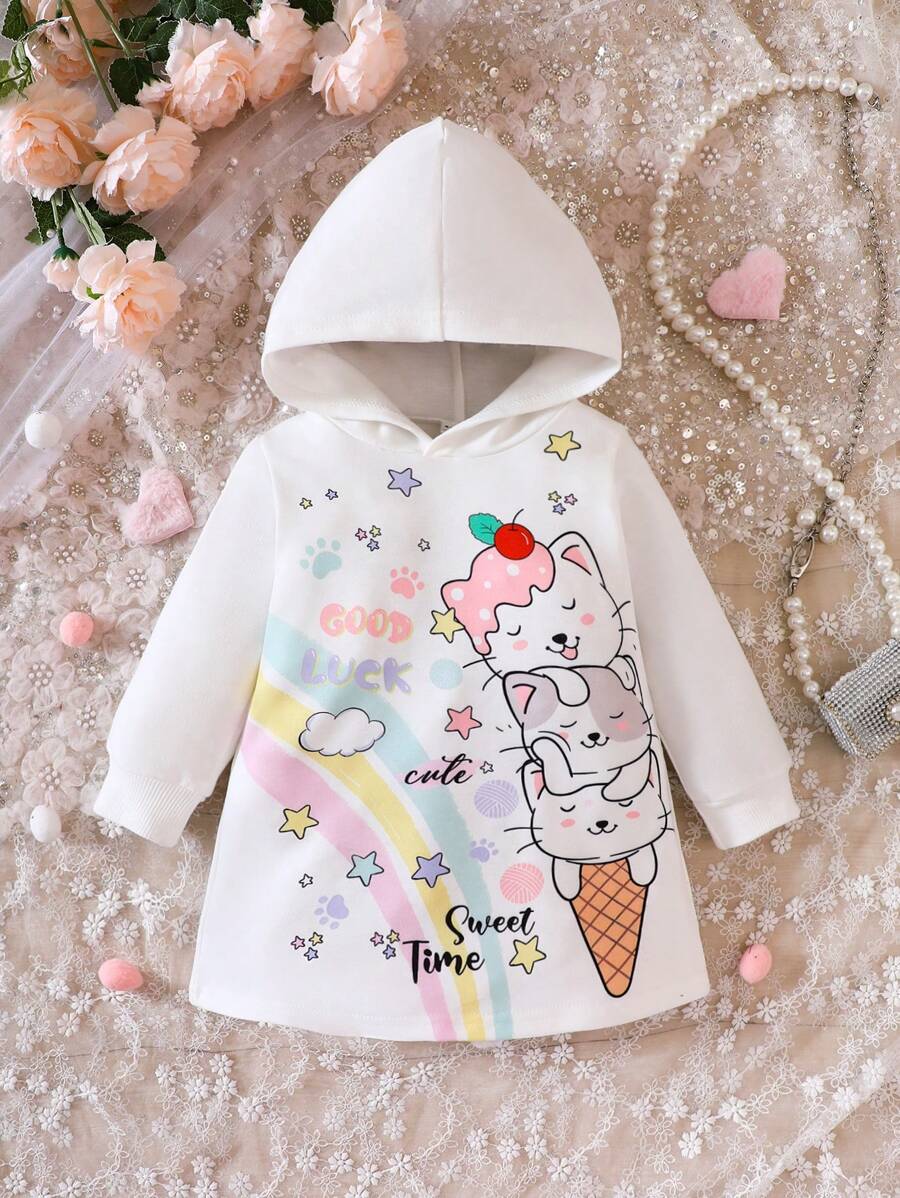 女嬰卡通圖案連帽連衣裙 - 白色 - 查看 1