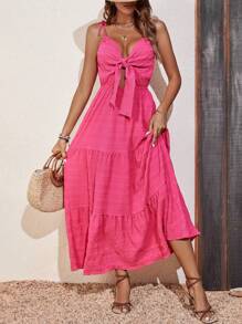 SHEIN VCAY Tie Trước Xù Hoa Sen Váy Dây - Màu Hồng Tươi - Xem 1