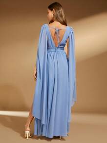 SHEIN Belle áo tay cánh Tách đùi Váy phù dâu - Màu xanh lam - Xem 2