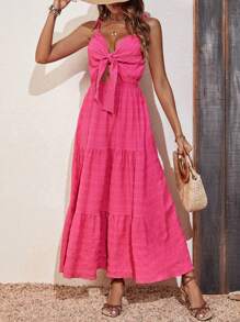 SHEIN VCAY Tie Trước Xù Hoa Sen Váy Dây - Màu Hồng Tươi - Xem 3