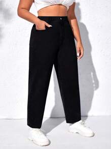 Plus High Waist Mom Fit Jeans - Black - View 4