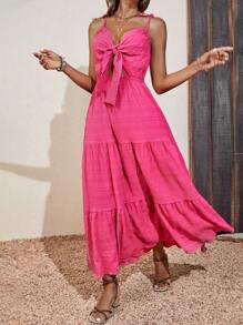 SHEIN VCAY Tie Trước Xù Hoa Sen Váy Dây - Màu Hồng Tươi - Xem 7