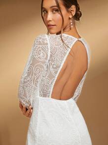 SHEIN Belle 深V領高衩蕾絲婚紗洋裝不附面紗 - 白色 - 查看 7