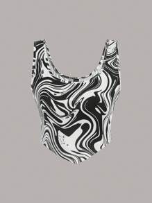 SHEIN EZwear 大理石圖案頭巾下擺短款背心 - 黑與白 - 查看 1