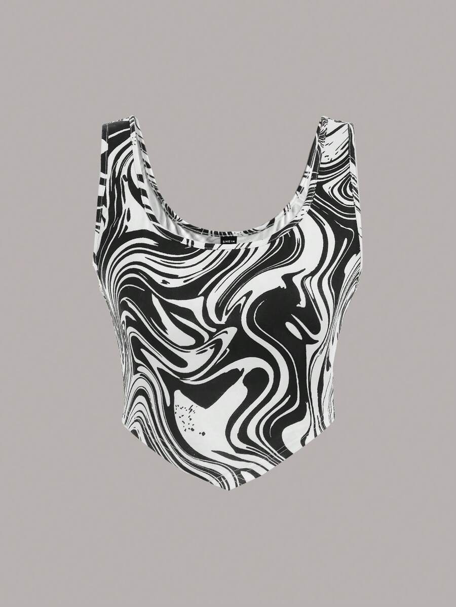 SHEIN EZwear 大理石圖案頭巾下擺短款背心 - 黑與白 - 查看 1