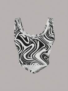 SHEIN EZwear 大理石圖案頭巾下擺短款背心 - 黑與白 - 查看 2