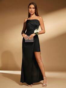 SHEIN Belle One Shoulder Wrap Hem Satin Dress