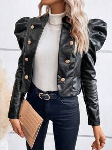 SHEIN Clasi Gigot Sleeve Double Breasted PU Leather Jacket In Fall/Winter - Black - View 6