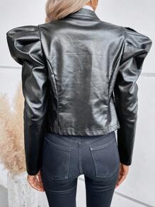 SHEIN Clasi Gigot Sleeve Double Breasted PU Leather Jacket In Fall/Winter - Black - View 3