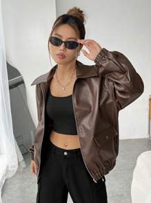 SHEIN EZwear 翻蓋口袋落肩袖PU皮革夾克 - 棕色 - 查看 4