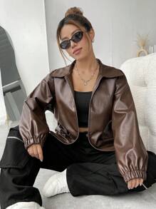 SHEIN EZwear 翻蓋口袋落肩袖PU皮革夾克 - 棕色 - 查看 3