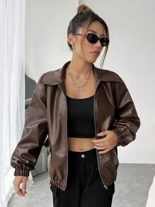 SHEIN EZwear 翻蓋口袋落肩袖PU皮革夾克 - 棕色 - 查看 1