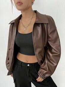 SHEIN EZwear 翻蓋口袋落肩袖PU皮革夾克 - 棕色 - 查看 7