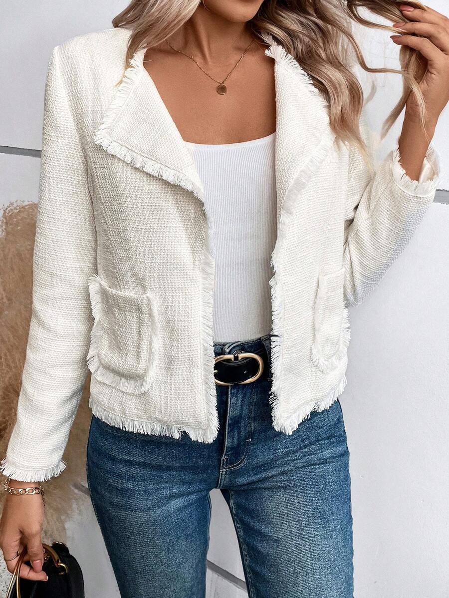SHEIN Clasi Waterfall Collar Raw Trim Dual Pocket Open Front Jacket - White - View 1