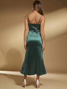 SHEIN Belle Ruched Bust Satin Cami Dress Formal Dresses For Women, Semi Formal Dress - Dark Green - View 2