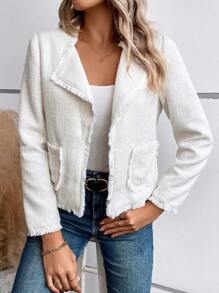 SHEIN Clasi Waterfall Collar Raw Trim Dual Pocket Open Front Jacket - White - View 3