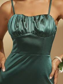 SHEIN Belle Ruched Bust Satin Cami Dress Formal Dresses For Women, Semi Formal Dress - Dark Green - View 5