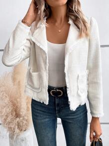 SHEIN Clasi Waterfall Collar Raw Trim Dual Pocket Open Front Jacket - White - View 4