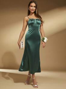 SHEIN Belle Ruched Bust Satin Cami Dress Formal Dresses For Women, Semi Formal Dress - Dark Green - View 6